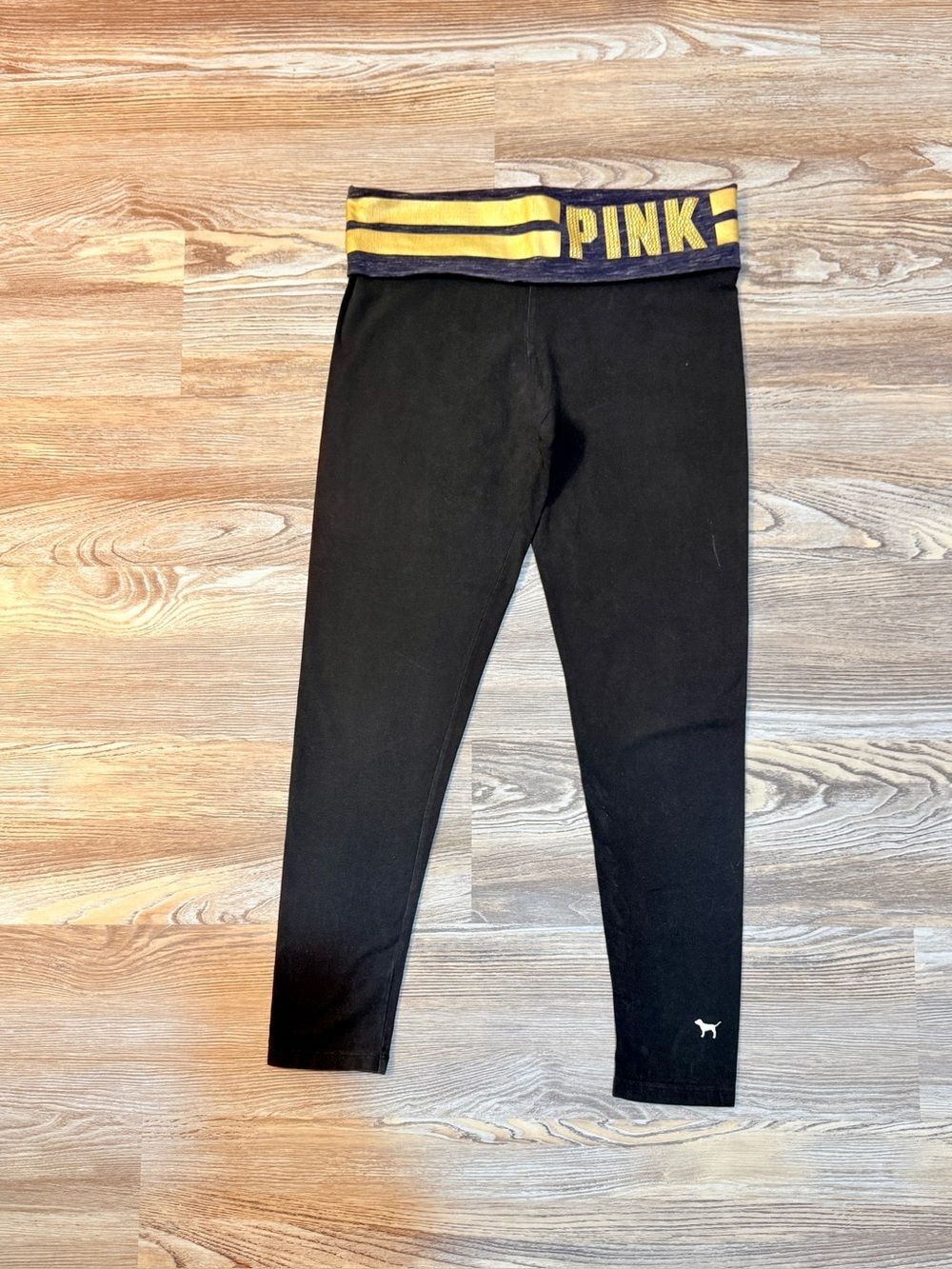 Pink Victoria's Secret Fold Over Black Yoga Leggings Gold Foil Logo Large Retro